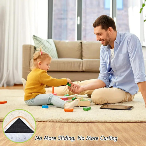 Father and child playing on carpet, using 8 Pack Non Slip Rug Tape for Hardwood Floors, Anti Curling Rug Grippers visible in inset