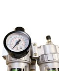 Front view of 1/4 Inch NPT Air Filter Regulator Lubricator FRL All In One Combo with pressure gauge, water, and oil trap