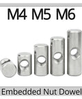 304 Stainless Steel Barrel Nuts For Woodworking, Cross Hole Dowel Bolts, Hammer Bolts M4 M5 M6 shown in various sizes
