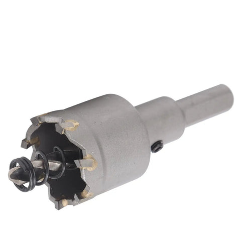 Close-up of Heavy Duty Carbide Hole Saw Kit 30mm 32mm 35mm 36mm 38mm For Steel Iron Stainless Steel Aluminum Plate And Plastic Thick Sheets Pro Grade Electrician Drill Bit Set For Metal Cutting with visible carbide teeth and shank
