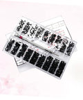 Two Piece Miniature Screw Set With Countersunk Round Screws organized in a box, ideal for glasses, watches with a compact screwdriver.