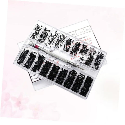Two Piece Miniature Screw Set With Countersunk Round Screws organized in a box, ideal for glasses, watches with a compact screwdriver.