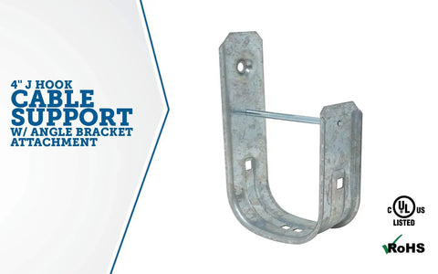 4 Inch J Hook Cable Support With Removable Angle Bracket Zinc Plated Steel Ceiling Mount Holds Up To 300 CAT5E Cables