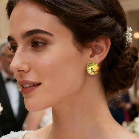 18K Gold Plated Hammered Dome Earrings For Women, Lightweight Hollow Half Ball Studs, Hypoallergenic And Anti Tarnish Texture Jewelry, Everyday Glam And Comfortable Wear, worn close-up