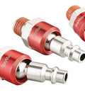 Pro Grade 1/4 Inch Swivel Air Plug Set 6 Pack Steel Red Swivel Air Hose Fittings NPT Male Threads Pre Coated With Sealing For Leak Free Connections Up To 300 PSI High Pressure Keeps Hoses Stable At Any Angle. 1/4 inch red steel swivel air plugs shown angled
