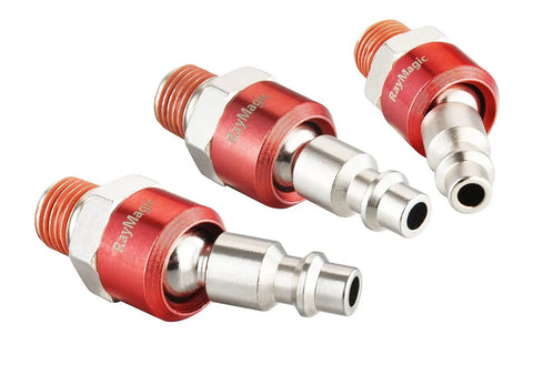 Pro Grade 1/4 Inch Swivel Air Plug Set 6 Pack Steel Red Swivel Air Hose Fittings NPT Male Threads Pre Coated With Sealing For Leak Free Connections Up To 300 PSI High Pressure Keeps Hoses Stable At Any Angle. 1/4 inch red steel swivel air plugs shown angled