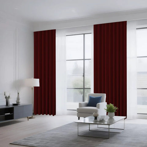 Burgundy Red Blackout Curtains 96 Inch Long 2 Panels Rod Pocket Window Drapes Darkening Thermal Insulated Light Blocking For Bedroom And Living Room W52 X L96 installed in a living room.