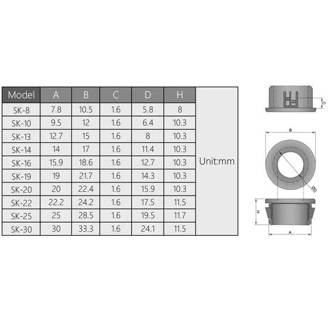 Dimensions for Three Eighths Inch Snap Bushing Grommet Kit in Black Nylon Cable Protector 100 Pieces Durable PA66, including measurements