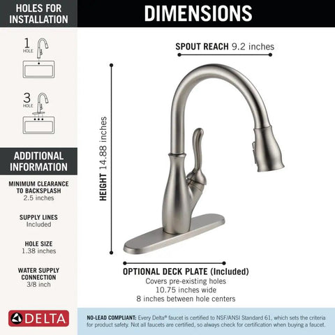 Dimensions of Traditional Brushed Nickel Kitchen Faucet With Pull Down Sprayer And Single Handle For Hassle Free One Hole Install.