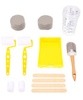 Complete Furniture Glow Up Paint Roller Kit With Mini Rollers And Sponge Brushes For Cabinet Refinishing High Density Foam Tools Including Mixing Cups And Tray Liner, includes yellow paint tray and brushes.