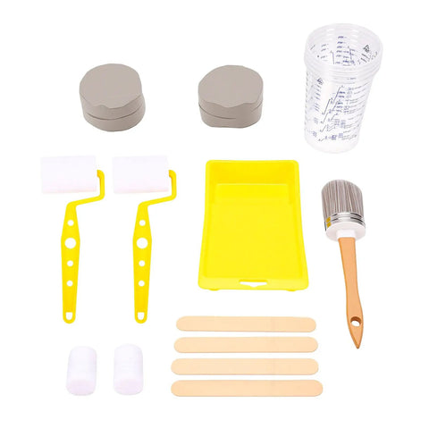 Complete Furniture Glow Up Paint Roller Kit With Mini Rollers And Sponge Brushes For Cabinet Refinishing High Density Foam Tools Including Mixing Cups And Tray Liner, includes yellow paint tray and brushes.