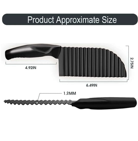 YukaBa crinkle potato cutter, handheld black kitchen tool with ribbed wavy blade; side view shows 6.49in blade.