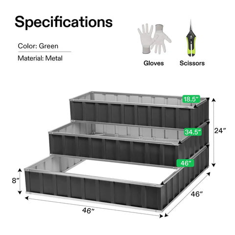 Three Tier Metal Raised Garden Bed 46 By 46 By 24 Inches Galvanized Steel Outdoor Planter Box Stair Step Design For Flowers Vegetables And Herbs Heavy Duty Garden Kit Includes Gloves And Scissors In Dark Gray.