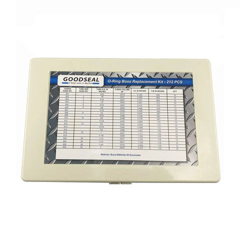 O Ring Boss Hydraulic 212 Piece Buna N 90 Durometer O Ring Assortment Kit box with size chart label