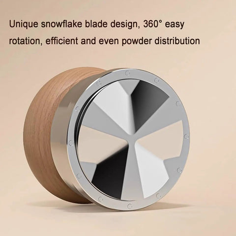 Espresso tamper accessory featuring unique snowflake blade design for 58mm espresso kit, ensuring even powder distribution.