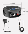 Bluetooth 5.2 Receiver for Home Stereo With RCA and Three Point Five Millimeter AUX Output Wireless Audio Adapter for Stereo Receiver and Amplifier Low Latency HiFi Music Streaming Simple Wireless Upgrade for Old School Stereo Systems, showing dimensions, power adapter, and cables.