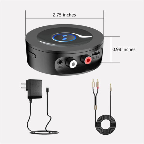 Bluetooth 5.2 Receiver for Home Stereo With RCA and Three Point Five Millimeter AUX Output Wireless Audio Adapter for Stereo Receiver and Amplifier Low Latency HiFi Music Streaming Simple Wireless Upgrade for Old School Stereo Systems, showing dimensions, power adapter, and cables.
