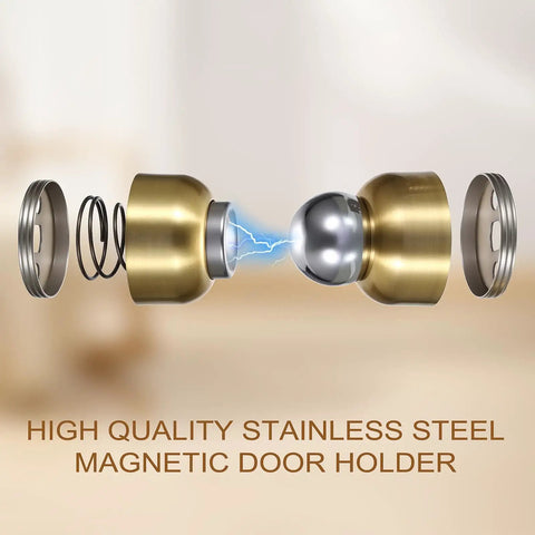 4 Pack Magnetic Door Stoppers With Screws, Heavy Duty Door Holder And Wall Mount Catcher, Stainless Steel Door Stop Keeps Doors Open, Built Tough For Bedroom And Bathroom, Gold Finish showing exploded view of parts including spring and magnet system.
