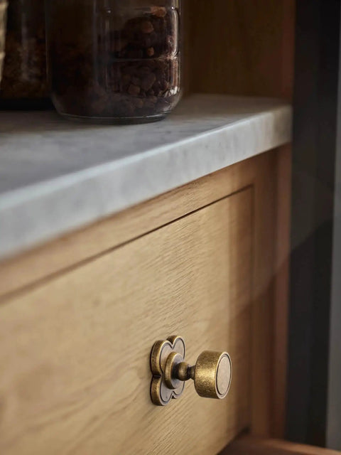Top Shelf Antique Brass Cabinet Knobs With Quatrefoil Backplate on wood drawer, featuring a round rotary knob and quatrefoil design.