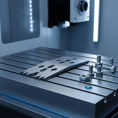 Heavy Duty Stainless Steel Clamping Plate For Woodwork And Metal Fabrication With Serrated Slots and Flexible Positioning For CNC Routers and Carpentry Projects That Get Stuff Done Right The First Time Every Damn Day on a machine table with hardware.
