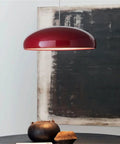 Red industrial Nordic aluminum pendant light with E27 base, 23.6 inch, hanging in modern minimalist setting, cozy vibe chandelier.