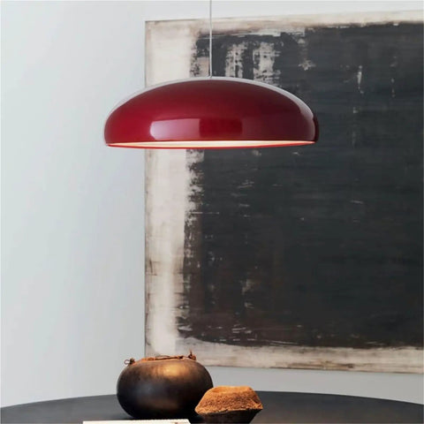 Red industrial Nordic aluminum pendant light with E27 base, 23.6 inch, hanging in modern minimalist setting, cozy vibe chandelier.