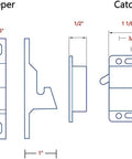 Diagram of Eight Pack Push To Close Cabinet Latches With Ten Pound Pull For Doors, Drawer Catches, showing measurements and components.