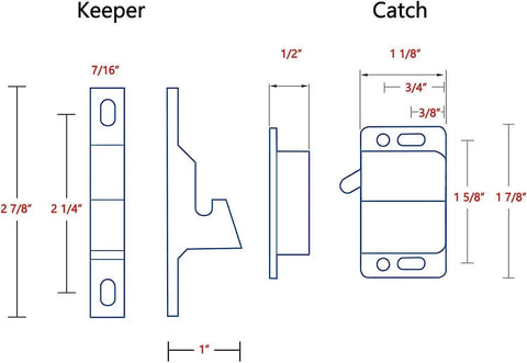 Diagram of Eight Pack Push To Close Cabinet Latches With Ten Pound Pull For Doors, Drawer Catches, showing measurements and components.