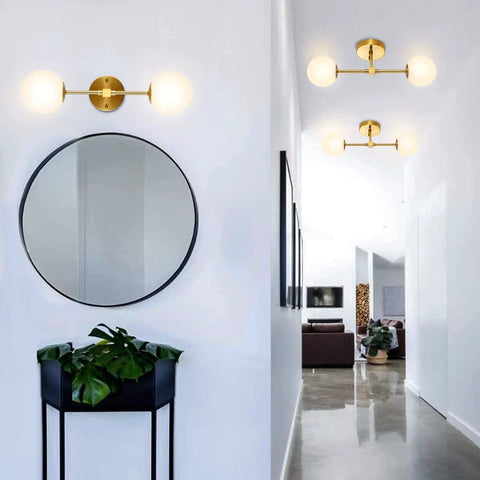 Modern Wall Sconce 2 Light Industrial Mid Century Vanity Light With White Globe Glass Shade Brushed Brass Gold Finish in hallway
