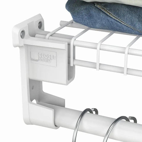 Slick SuperSlide Wire Shelving Support Bracket With Preloaded Wall Anchors For Straight Up Easy Mount On Three Quarter Inch Closet Rods White Finish installed on a rod with jeans.