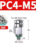 PC4-M5 stainless steel 304 quick release connector for 4mm air tube with dimensions, part of Must-Have Pro Grade Pneumatic Hose Fittings Kit.