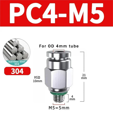 PC4-M5 stainless steel 304 quick release connector for 4mm air tube with dimensions, part of Must-Have Pro Grade Pneumatic Hose Fittings Kit.