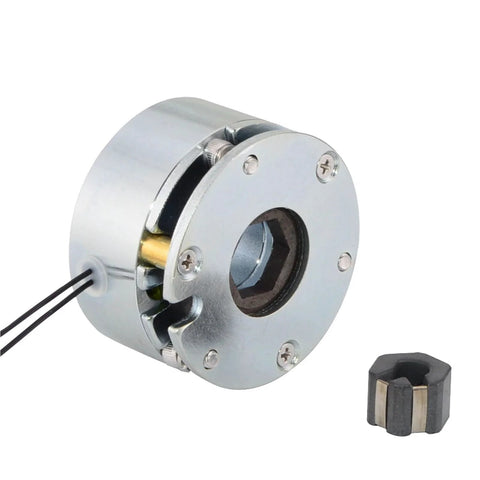 DC electromagnetic brake with silver metal housing and round mounting flange, 24V, 2.0Nm torque, black wires