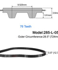 Diagram and side view of 28.5 Inch Pitch Timing Belt 0.5 Inch Wide 0.18 Inch Thick With 76 Teeth, Beefy Closed Loop Neoprene Rubber Drive Belt.