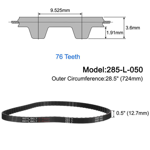 Diagram and side view of 28.5 Inch Pitch Timing Belt 0.5 Inch Wide 0.18 Inch Thick With 76 Teeth, Beefy Closed Loop Neoprene Rubber Drive Belt.
