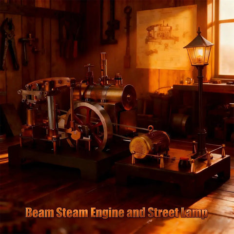 Steam Engine Model Kit With Boiler And Lamp Scene displayed in workshop setting