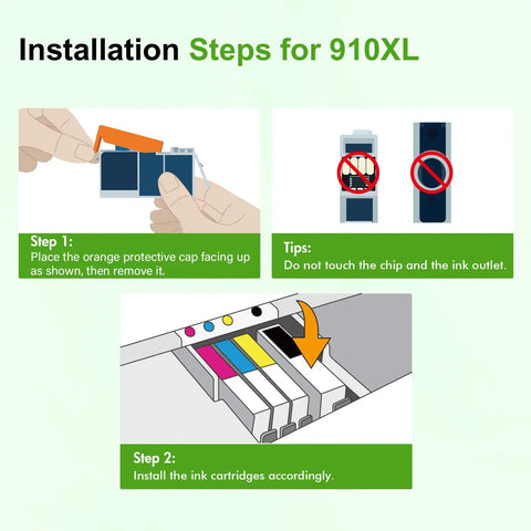 Installation steps for 910XL Ink Cartridges Black And Color Combo Pack For OfficeJet Pro with visuals for proper setup.