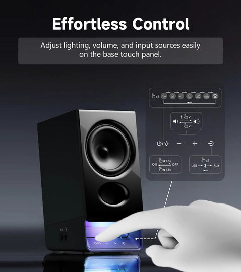 Effortless control demonstration on Desktop Speaker System With 2.75 Inch Full Range Drivers And Bluetooth 6.0, Easy Tap Controls.