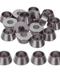 M8 Cone Cup Washers Anodized Aluminum Titanium Gray Flange Gaskets Heavy Duty Fasteners For Rc Drones Cars And Modded Builds Top Shelf 20 Pack Custom Hardware Set arranged in a pile.