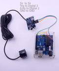Waterproof Ultrasonic Distance Sensor Module For Arduino With Integrated Transducer 20cm To 600cm Range 5V Operation And 30mA Current Rugged Enclosed Waterproof Design Go To Sensor For DIY Arduino And Raspberry Pi Projects connected to Arduino.