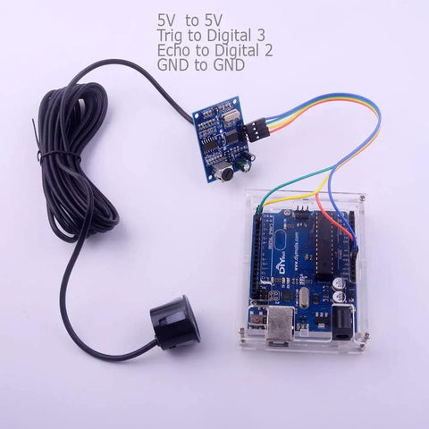 Waterproof Ultrasonic Distance Sensor Module For Arduino With Integrated Transducer 20cm To 600cm Range 5V Operation And 30mA Current Rugged Enclosed Waterproof Design Go To Sensor For DIY Arduino And Raspberry Pi Projects connected to Arduino.