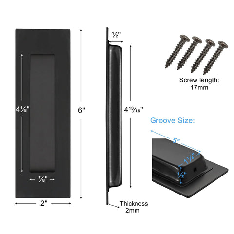 Dimensions of Pocket Door Pull And Edge Pull Set Matte Black Recessed Flush Handles for Sliding Doors shown with screws included