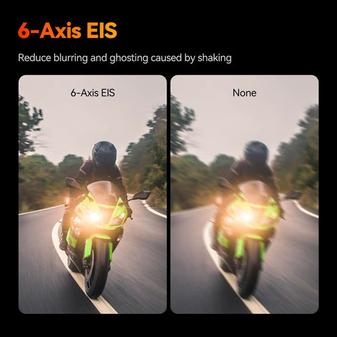 Image showcasing Dope Dual Lens 4K Action Cam With 20MP Photos 6 Axis EIS Stabilization effect on a speeding motorcycle.