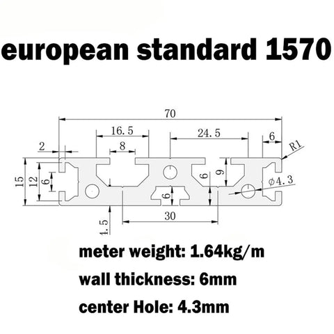 Technical drawing of Durable 15x70mm Aluminum Extrusion Profile for DIY Projects with 6063 T5 Alloy, 350mm Rails, dimensions labeled