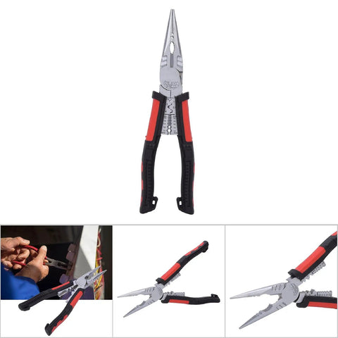 7 In 1 Pro Grade Workhorse Multifunction Needle Nose Pliers Wire Stripping Tool With Cutting Crimping Clamping And Nut Handling For Electrical Work Automotive Repairs And DIY Projects In Premium Chrome Vanadium Steel, red black handles