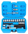 29 Piece Ratchet Socket Wrench Set Made From Heat Treated Chrome Vanadium Steel With Metric Sockets Driver Bits Extensions And Dual Direction Handle Perfect For Auto Repair Or Furniture Assembly A Hardcore Workshop Tool That Works Like A Charm in blue case.