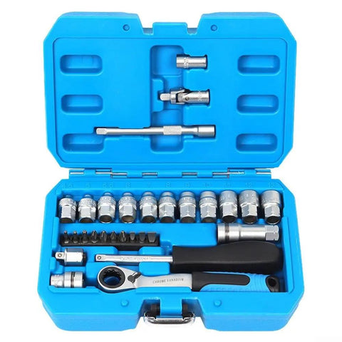 29 Piece Ratchet Socket Wrench Set Made From Heat Treated Chrome Vanadium Steel With Metric Sockets Driver Bits Extensions And Dual Direction Handle Perfect For Auto Repair Or Furniture Assembly A Hardcore Workshop Tool That Works Like A Charm in blue case.
