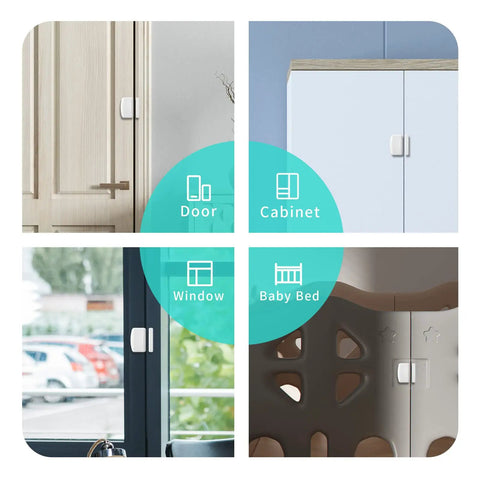 Zigbee Door And Window Sensor For Smart Home Monitoring, Real Time Alerts And Keeps Tabs On Doors, shown on door, cabinet, window
