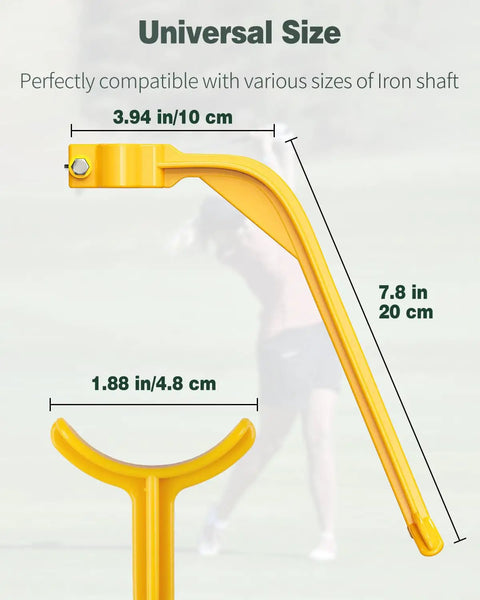 Golf Wrist Hinge Swing Hack Training Aid showing dimensions and iron compatibility.
