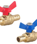 One Half Inch PEX Brass Ball Valve Two Pack With Red And Blue T Handle, DIY Friendly Shut Off PEX Barb Water Valve